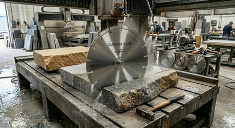 Huazuan diamond saw blade with protective segments cutting hard granite block on a bridge saw machine.png