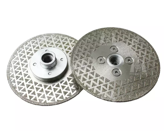 "Close-up of a sharp diamond saw blade used for cutting hard materials like concrete and stone."
